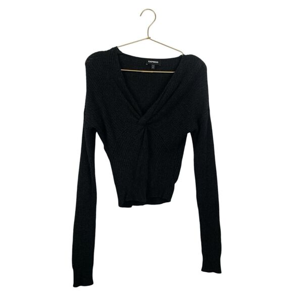 Express Twist Front‎ Sweater Long Sleeve Knit Cropped Black Size XS 218 - Picture 1 of 6